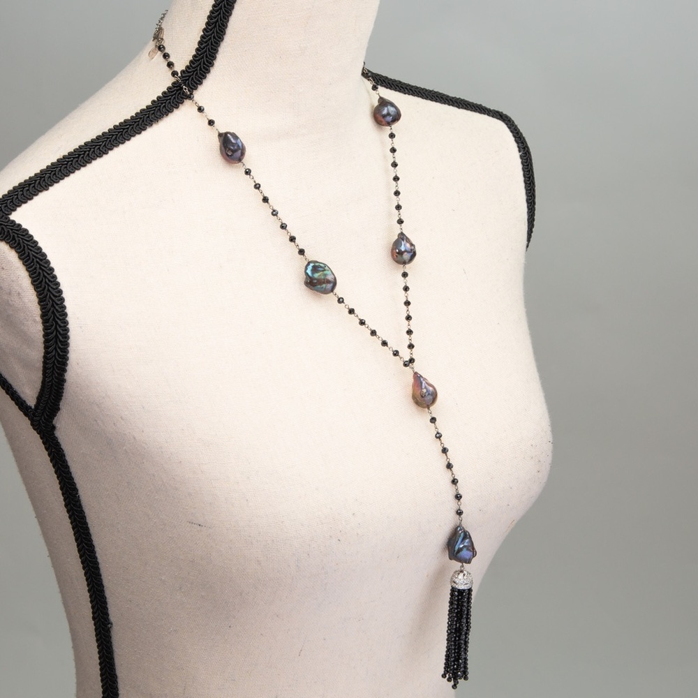 Baroque pearls & gemstones black spinel tassel necklace Rarities Carol Brodie